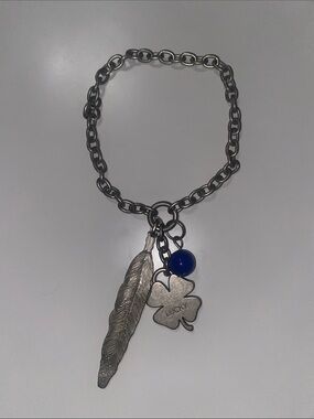 Lucky Clover & Feather Charm Bracelet with Blue Bead